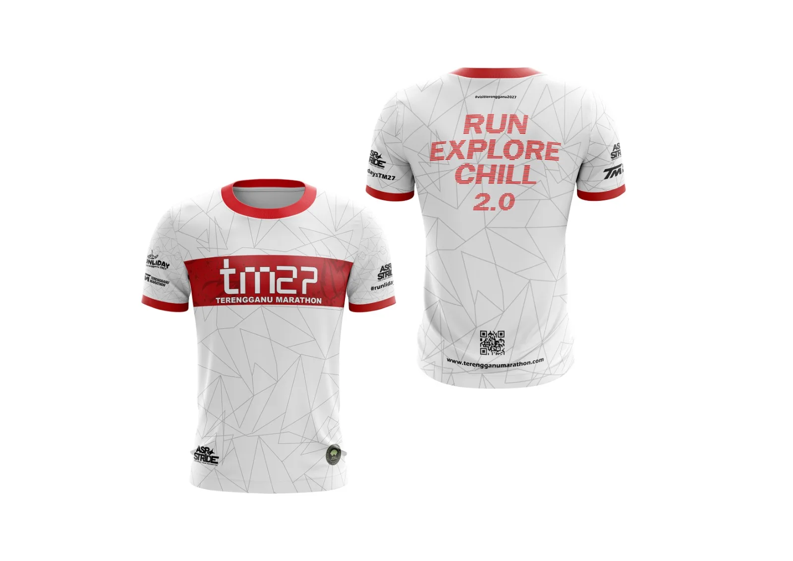 Jersey sublimation Terengganu Marathon 2027 warna putih dan merah, pandangan depan dan belakang
