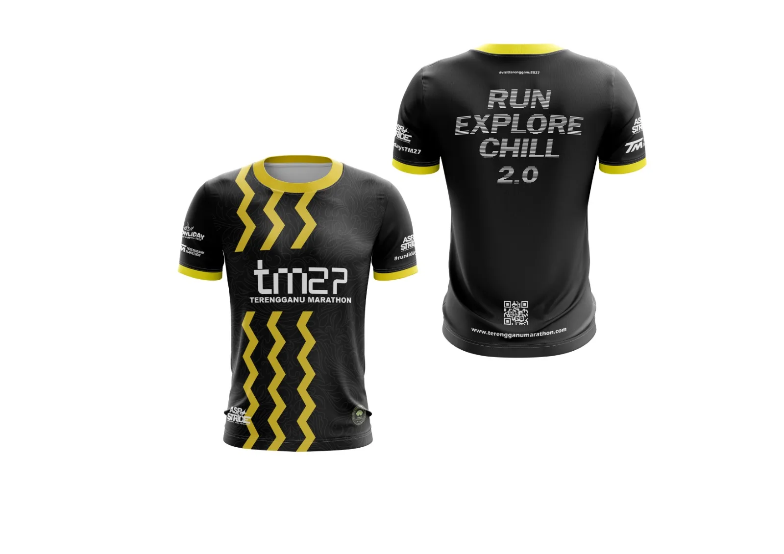 Jersey sublimation Terengganu Marathon 2027 warna hitam dan kuning, pandangan depan dan belakang